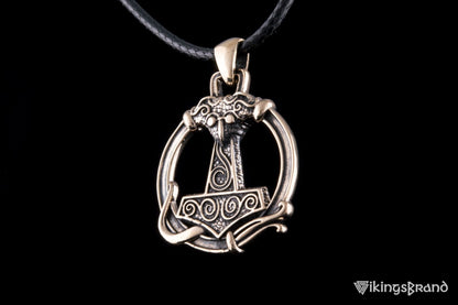 Vikings Thors Hammer Pendant with Ornament Bronze Unique Handmade Jewelry