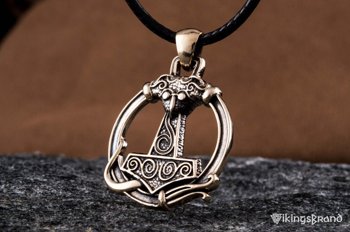 Vikings Thors Hammer Pendant with Ornament Bronze Unique Handmade Jewelry