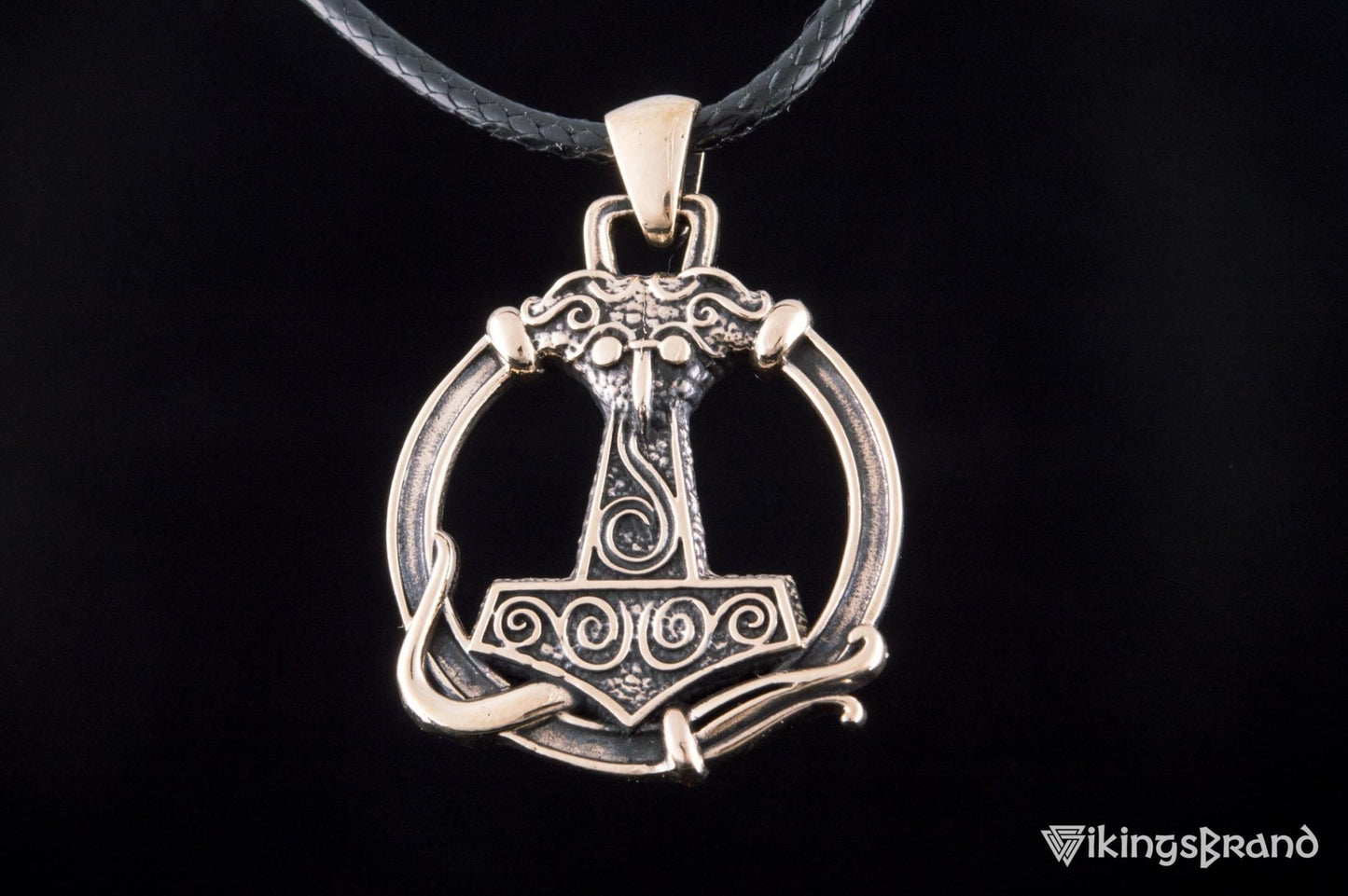 Vikings Thors Hammer Pendant with Ornament Bronze Unique Handmade Jewelry