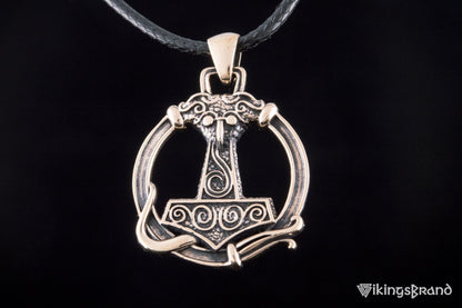 Vikings Thors Hammer Pendant with Ornament Bronze Unique Handmade Jewelry