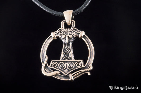 Vikings Thors Hammer Pendant with Ornament Bronze Unique Handmade Jewelry