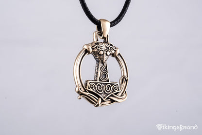 Vikings Thors Hammer Pendant with Ornament Bronze Unique Handmade Jewelry