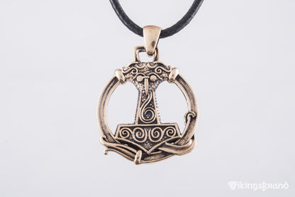 Vikings Thors Hammer Pendant with Ornament Bronze Unique Handmade Jewelry