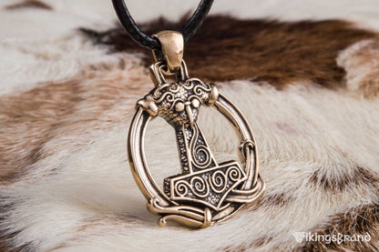 Vikings Thors Hammer Pendant with Ornament Bronze Unique Handmade Jewelry