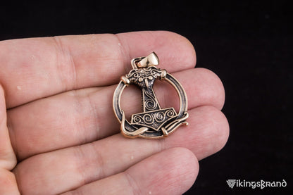 Vikings Thors Hammer Pendant with Ornament Bronze Unique Handmade Jewelry