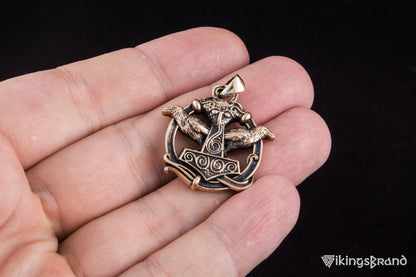 Vikings Thors Hammer with Ravens Pendant Bronze Handcrafted Jewelry