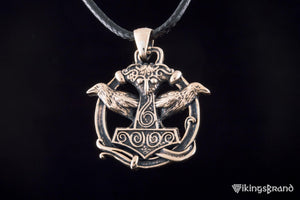 Thors-Hammer-Anhänger mit Raben aus Bronze oder 925er Silber