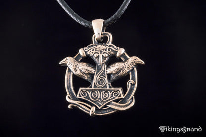 Vikings Thors Hammer with Ravens Pendant Bronze Handcrafted Jewelry