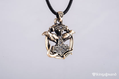 Vikings Thors Hammer with Ravens Pendant Bronze Handcrafted Jewelry