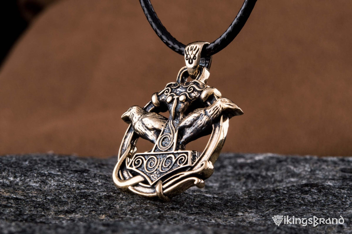 Vikings Thors Hammer with Ravens Pendant Bronze Handcrafted Jewelry
