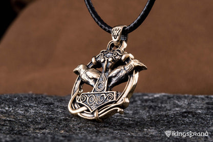 Vikings Thors Hammer with Ravens Pendant Bronze Handcrafted Jewelry