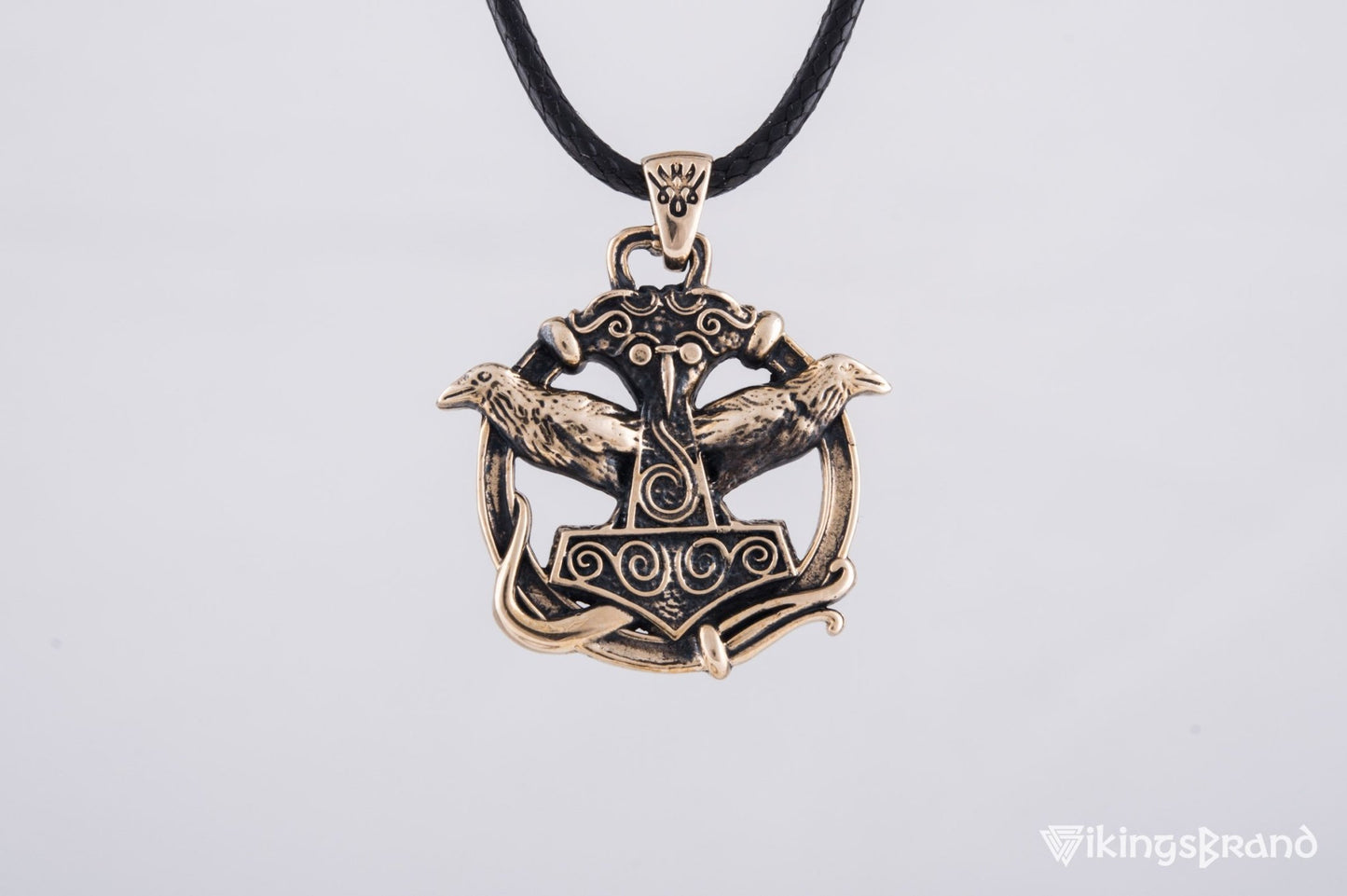 Vikings Thors Hammer with Ravens Pendant Bronze Handcrafted Jewelry