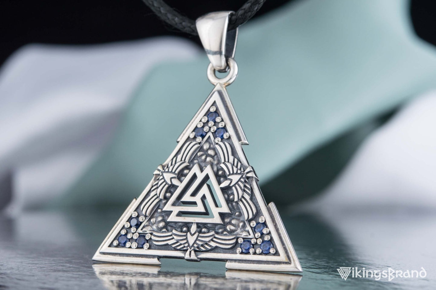 Vikings Valknut Symbol Pendant with Raven Ornament Sterling Silver Norse Jewelry