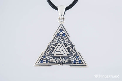Vikings Valknut Symbol Pendant with Raven Ornament Sterling Silver Norse Jewelry