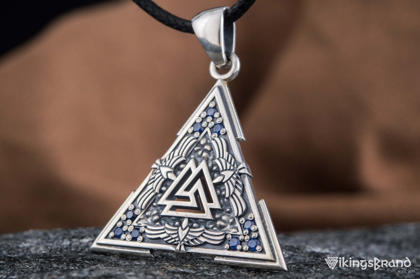 Vikings Valknut Symbol Pendant with Raven Ornament Sterling Silver Norse Jewelry