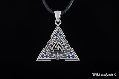 Vikings Valknut Symbol Pendant with Raven Ornament Sterling Silver Norse Jewelry