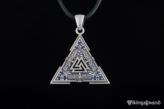 Vikings Valknut Symbol Pendant with Raven Ornament Sterling Silver Norse Jewelry