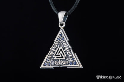 Vikings Valknut Symbol Pendant with Raven Ornament Sterling Silver Norse Jewelry