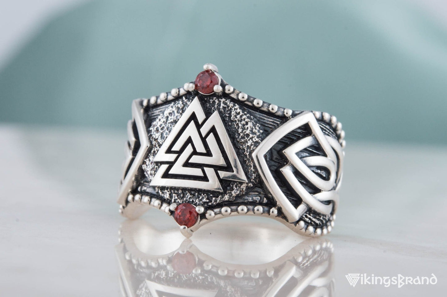 Vikings Valknut Symbol with Norse Ornament and CZ Sterling Silver Viking Ring