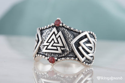 Vikings Valknut Symbol with Norse Ornament and CZ Sterling Silver Viking Ring
