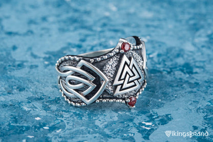 Vikings Valknut Symbol with Norse Ornament and CZ Sterling Silver Viking Ring