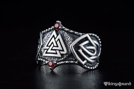 Vikings Valknut Symbol with Norse Ornament and CZ Sterling Silver Viking Ring