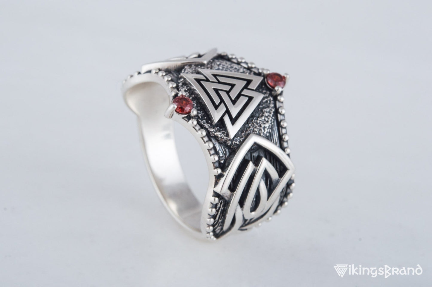 Vikings Valknut Symbol with Norse Ornament and CZ Sterling Silver Viking Ring
