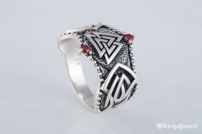 Vikings Valknut Symbol with Norse Ornament and CZ Sterling Silver Viking Ring