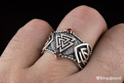 Vikings Valknut Symbol with Norse Ornament and CZ Sterling Silver Viking Ring