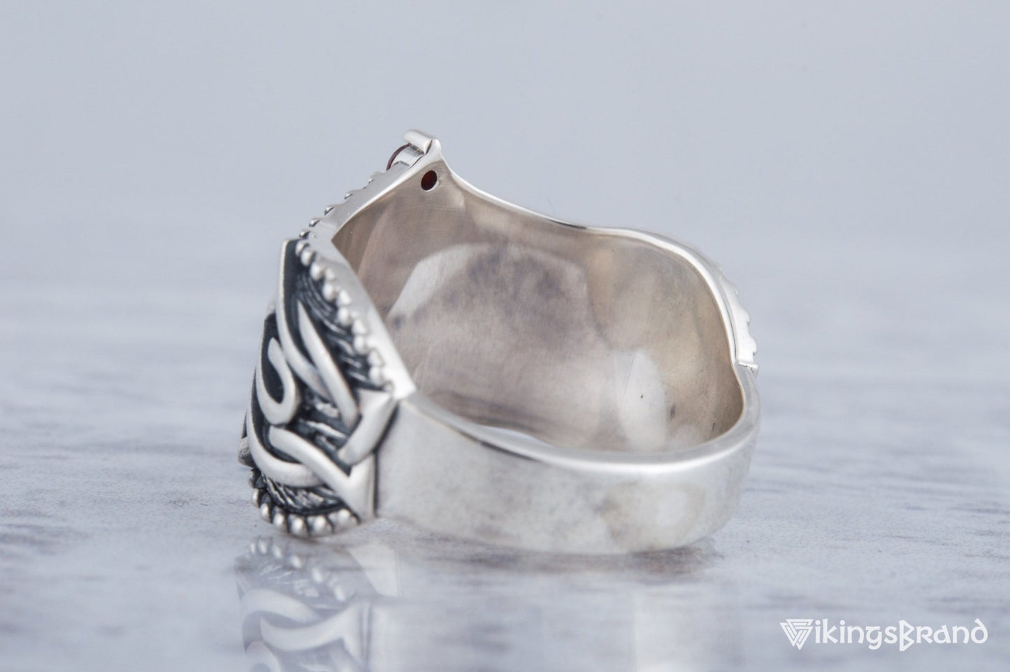 Vikings Valknut Symbol with Norse Ornament and CZ Sterling Silver Viking Ring