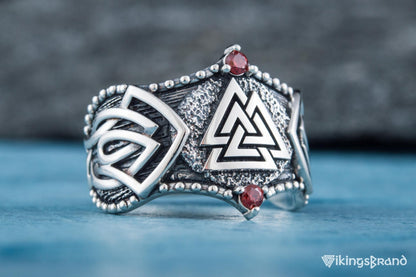 Vikings Valknut Symbol with Norse Ornament and CZ Sterling Silver Viking Ring