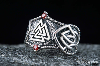 Vikings Valknut Symbol with Norse Ornament and CZ Sterling Silver Viking Ring