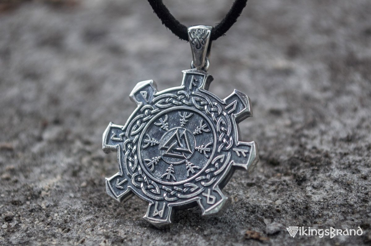 Vikings Valknut Symbol with Viking Ornament Pendant Sterling Silver Unique Jewelry