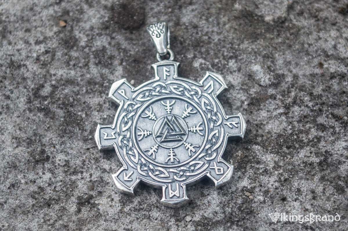 Vikings Valknut Symbol with Viking Ornament Pendant Sterling Silver Unique Jewelry