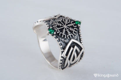 Vikings Vegvisir Symbol with Norse Ornament and CZ Sterling Silver Viking Ring