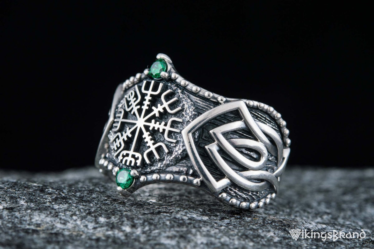 Vikings Vegvisir Symbol with Norse Ornament and CZ Sterling Silver Viking Ring