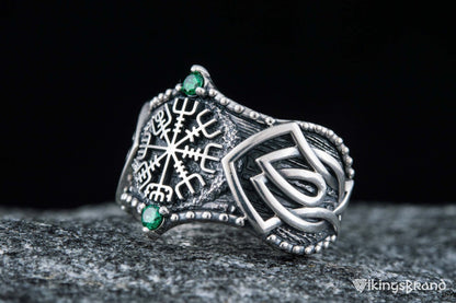 Vikings Vegvisir Symbol with Norse Ornament and CZ Sterling Silver Viking Ring