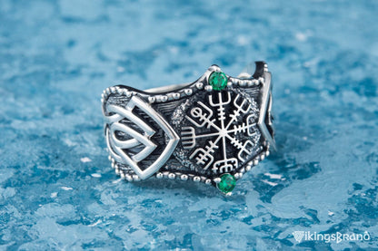 Vikings Vegvisir Symbol with Norse Ornament and CZ Sterling Silver Viking Ring
