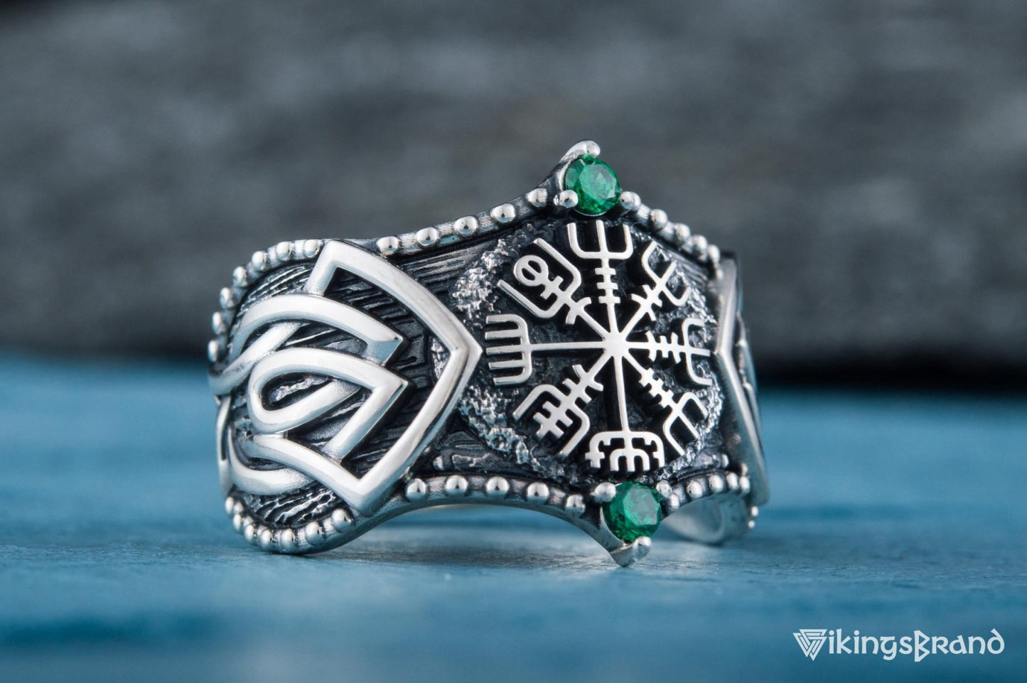 Vikings Vegvisir Symbol with Norse Ornament and CZ Sterling Silver Viking Ring