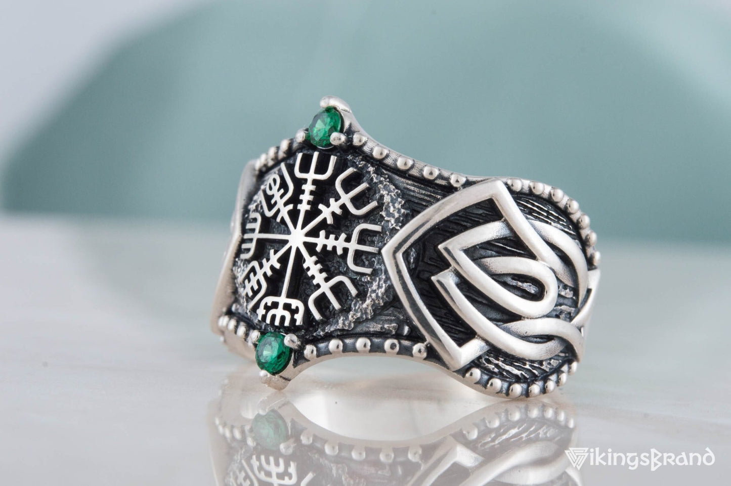 Vikings Vegvisir Symbol with Norse Ornament and CZ Sterling Silver Viking Ring