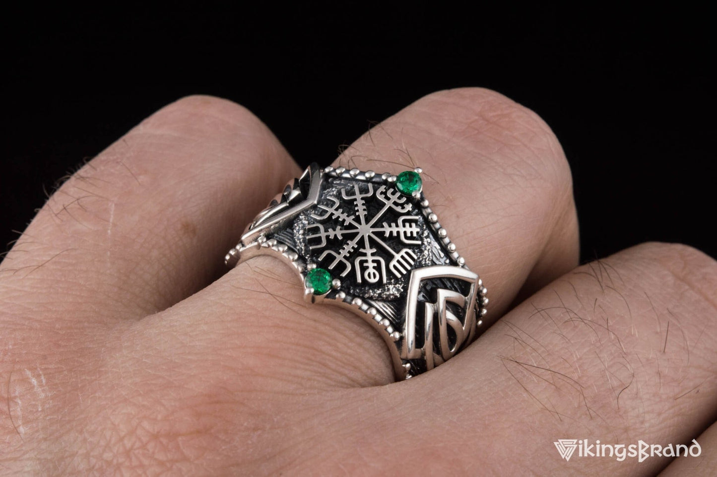 Vikings Vegvisir Symbol with Norse Ornament and CZ Sterling Silver Viking Ring