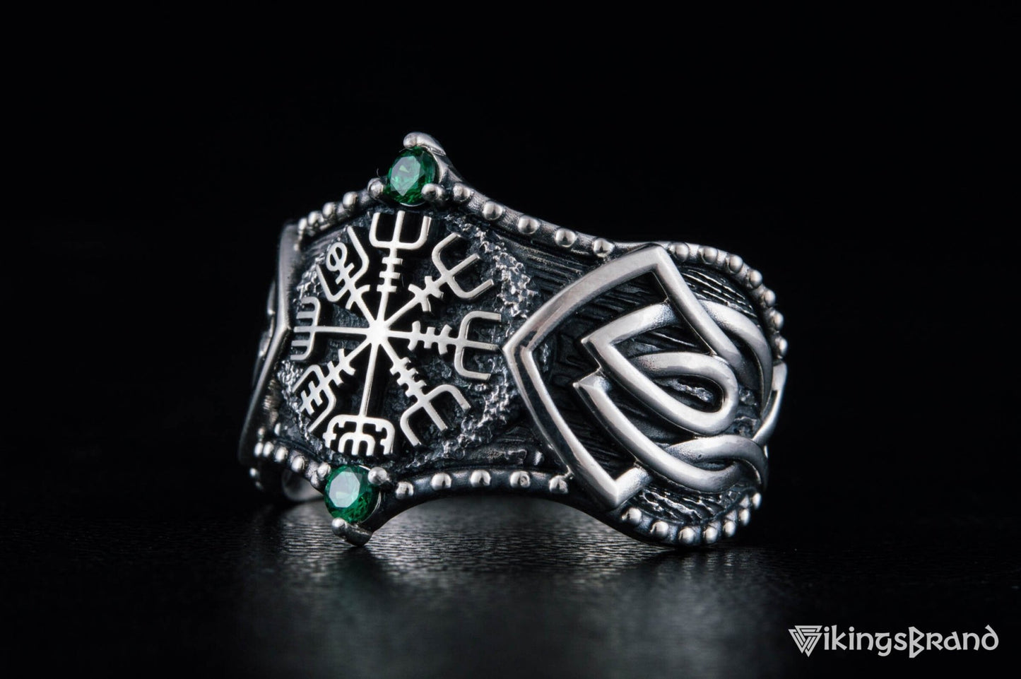 Vikings Vegvisir Symbol with Norse Ornament and CZ Sterling Silver Viking Ring
