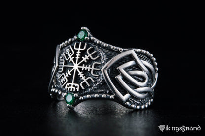 Vikings Vegvisir Symbol with Norse Ornament and CZ Sterling Silver Viking Ring