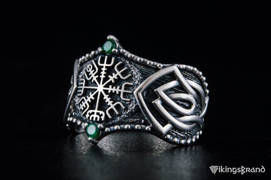Vikings Vegvisir Symbol with Norse Ornament and CZ Sterling Silver Viking Ring