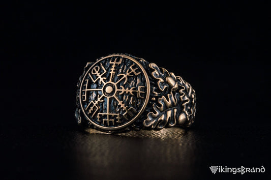 Vikings Vegvisir Symbol with Oak Leaves and Acorns Bronze Viking Ring
