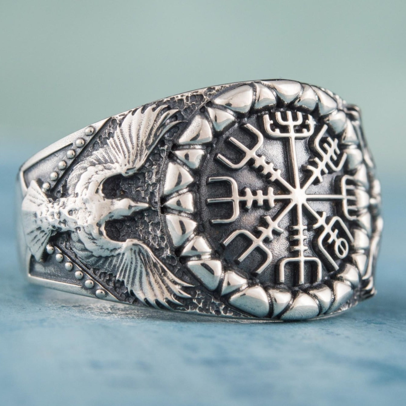 Vikings Vegvisir Symbol with Raven Style Gold or Sterling Silver Norse Ring