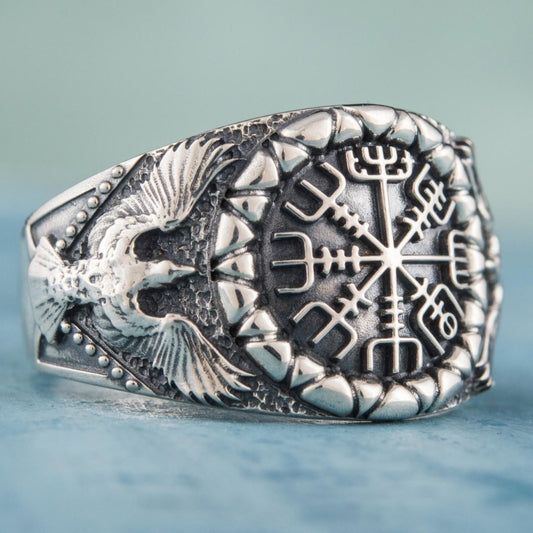 Vikings Vegvisir Symbol with Raven Style Gold or Sterling Silver Norse Ring