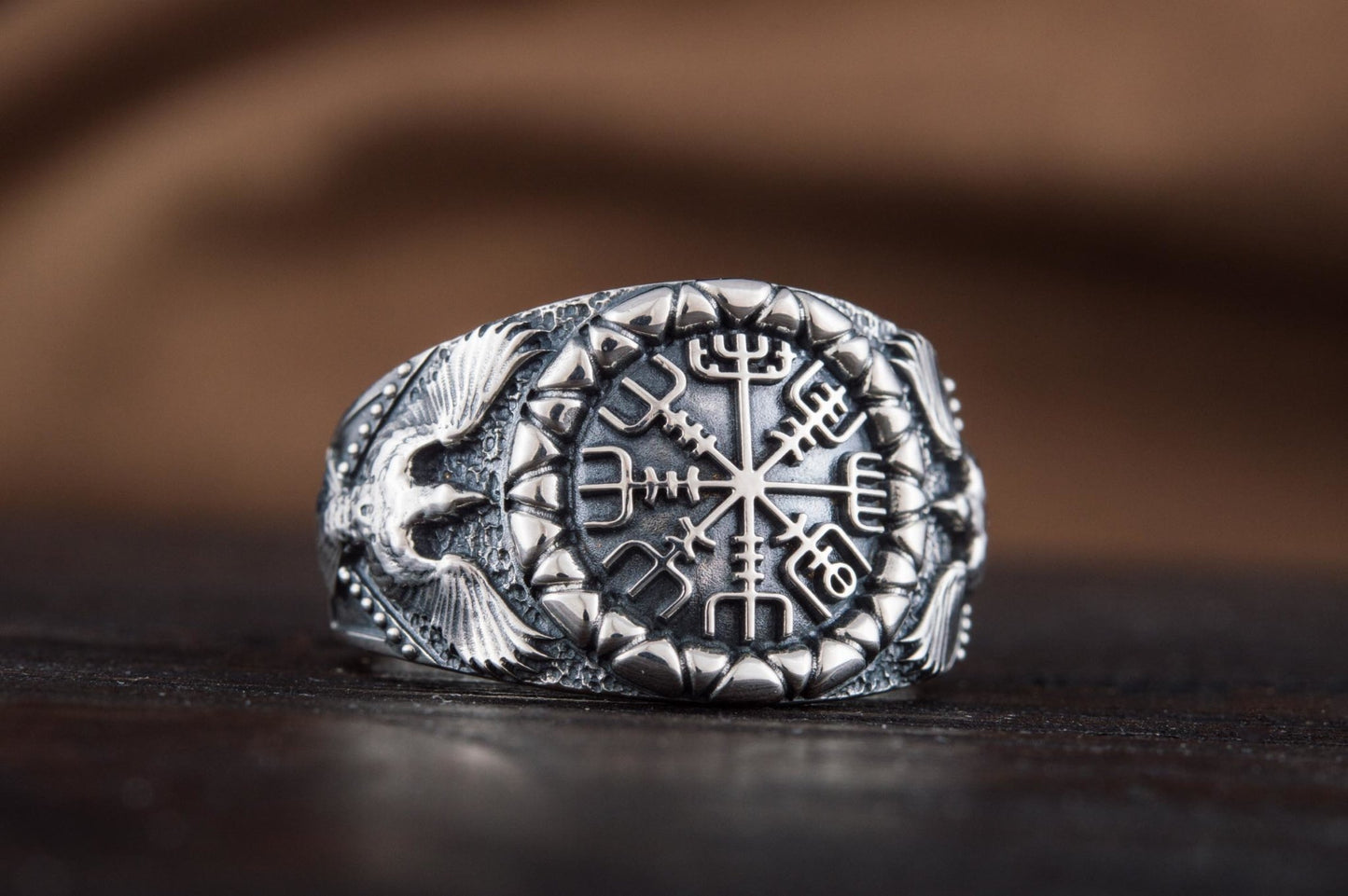 Vikings Vegvisir Symbol with Raven Style Gold or Sterling Silver Norse Ring
