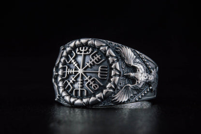 Vikings Vegvisir Symbol with Raven Style Gold or Sterling Silver Norse Ring