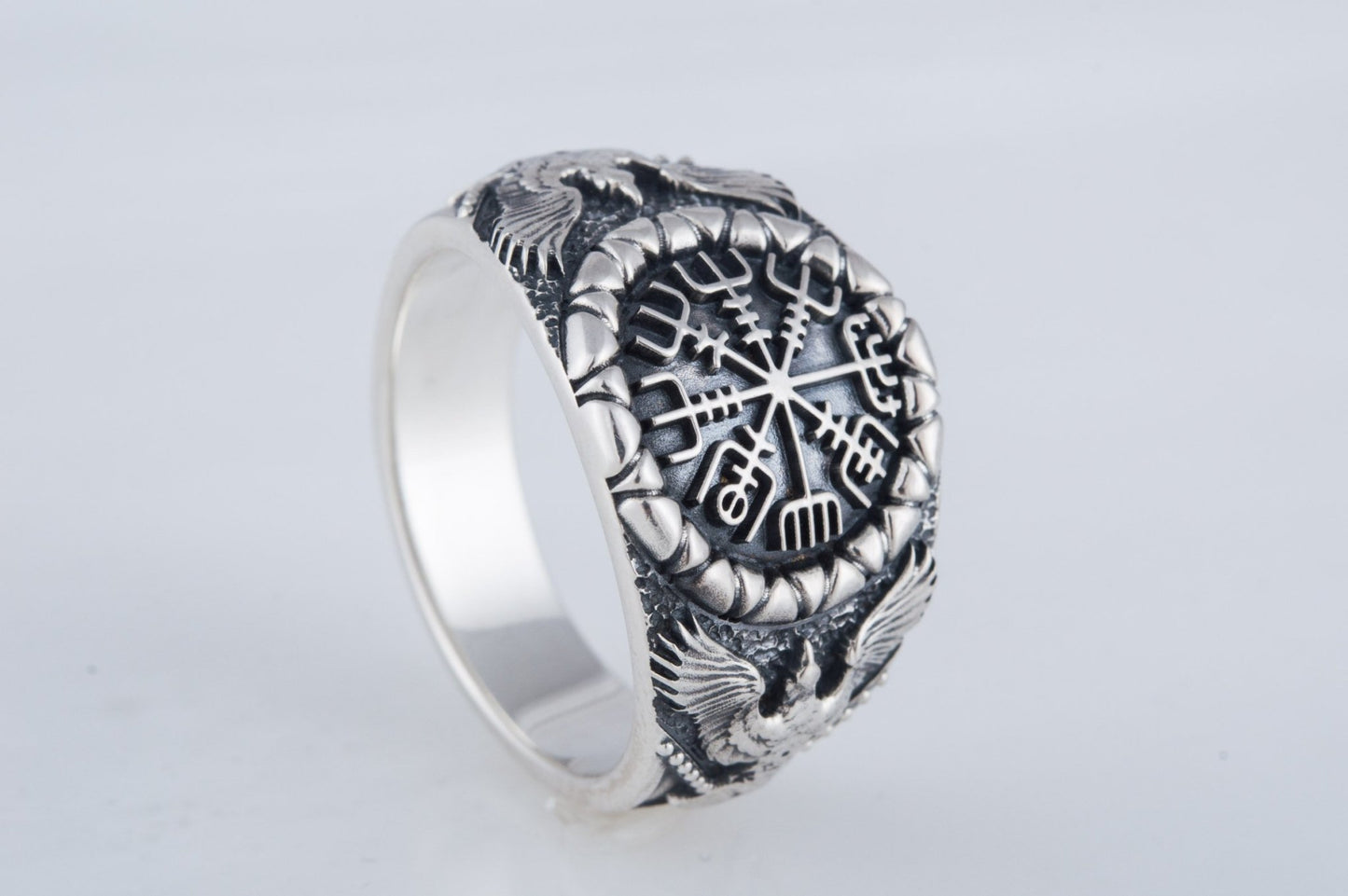 Vikings Vegvisir Symbol with Raven Style Gold or Sterling Silver Norse Ring